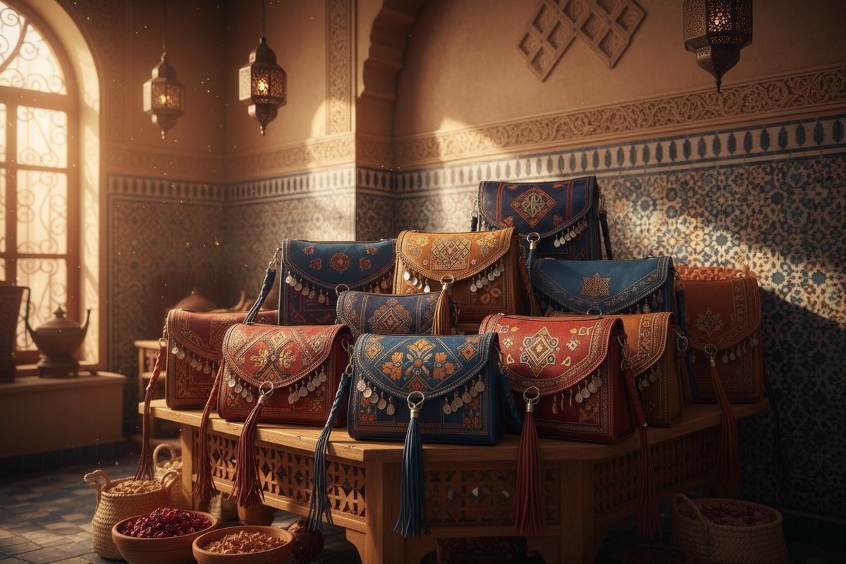 generate a picture of moroccan hand crafted bags for my landing page the picture should be with a moroccan touche