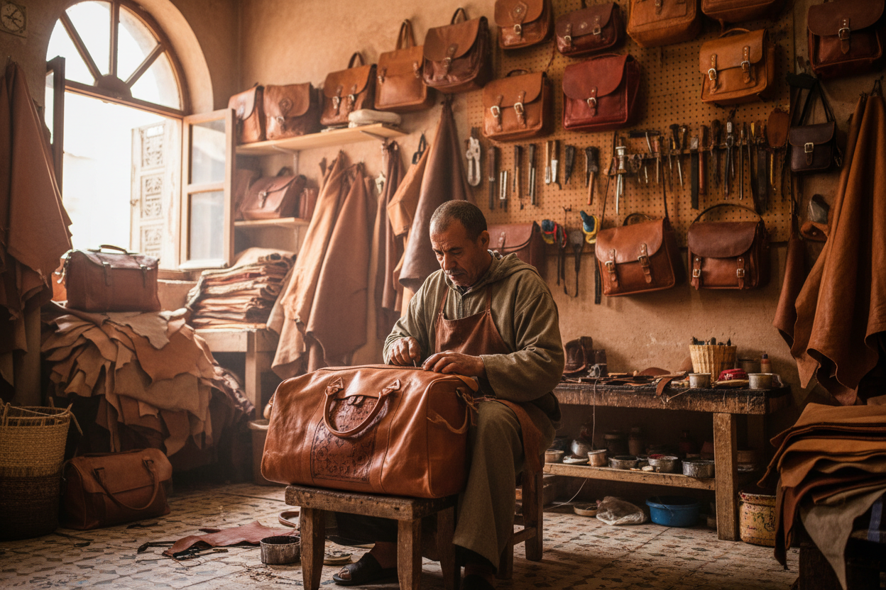 generate a real horizontal photo of a moroccan man crafting leather bags 