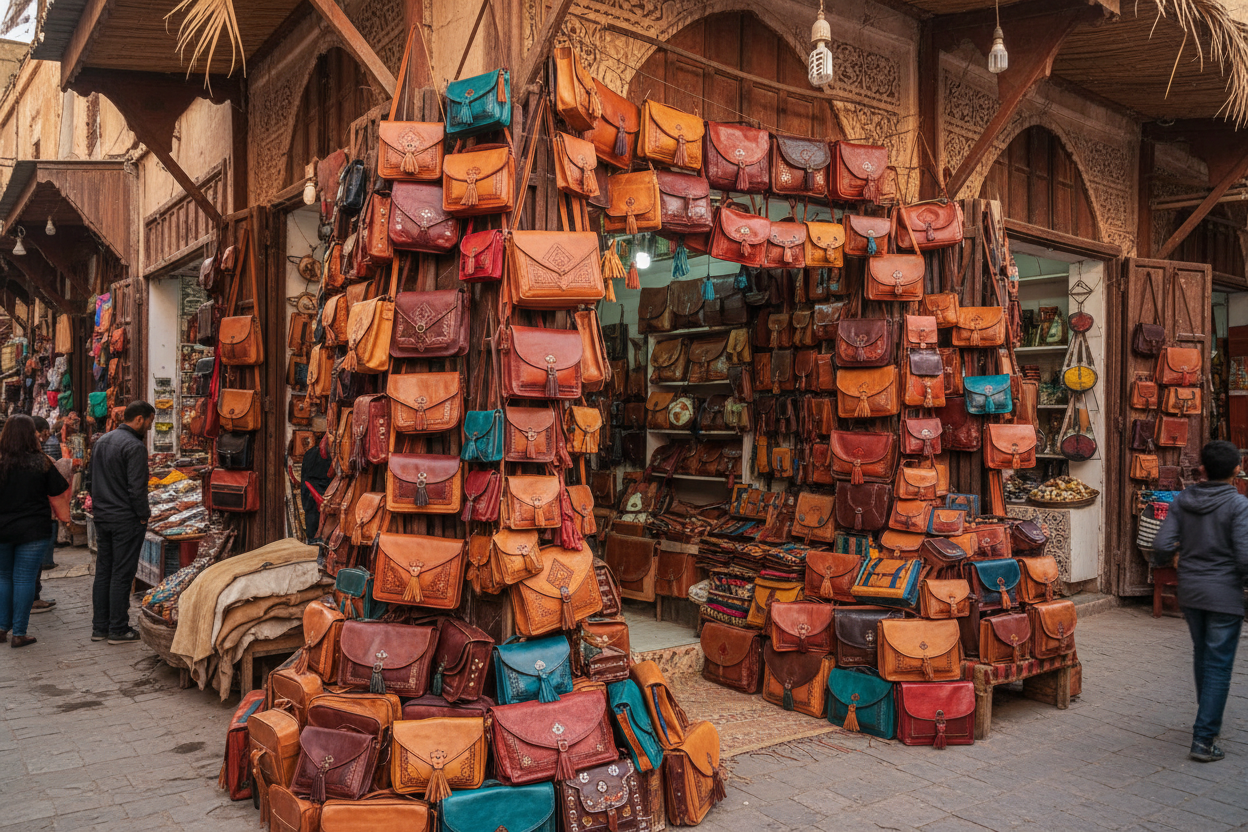 picture of a section of mixed leather bags in medina morroco 